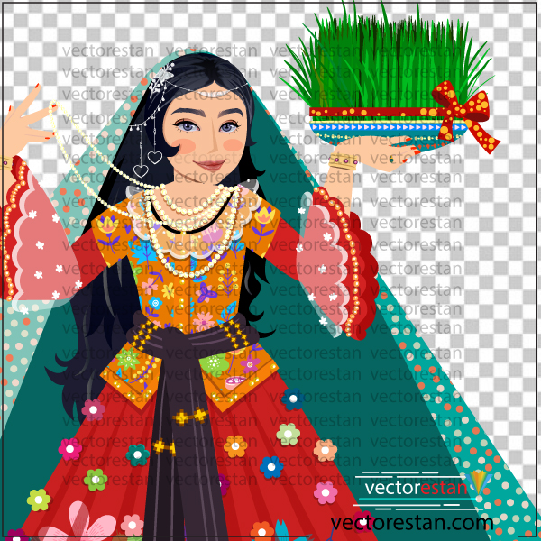 عکس دختر با لباس محلی و چادر رنگی و سبزه هفت سین نوروز