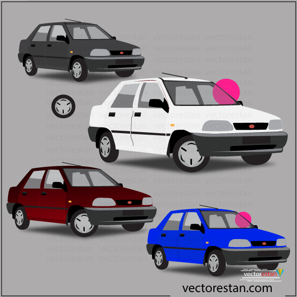 وکتور خودروی ایرانی پراید در چهار رنگ از نمای سه رخ روبرو