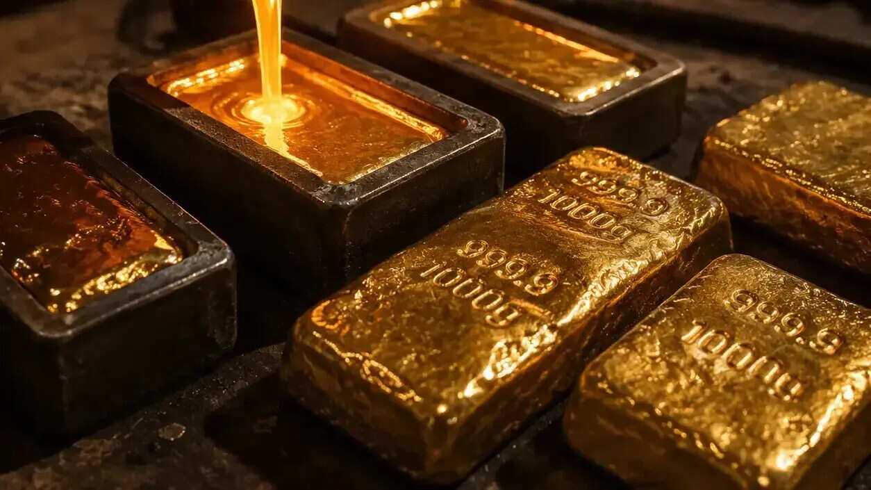 طلای مذاب در حال ریخته شدن در قالب در کنار چند قطعه طلای آبشده