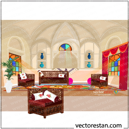 وکتور پس زمینه و نمای داخلی خانه قدیمی و سنتی ایرانی