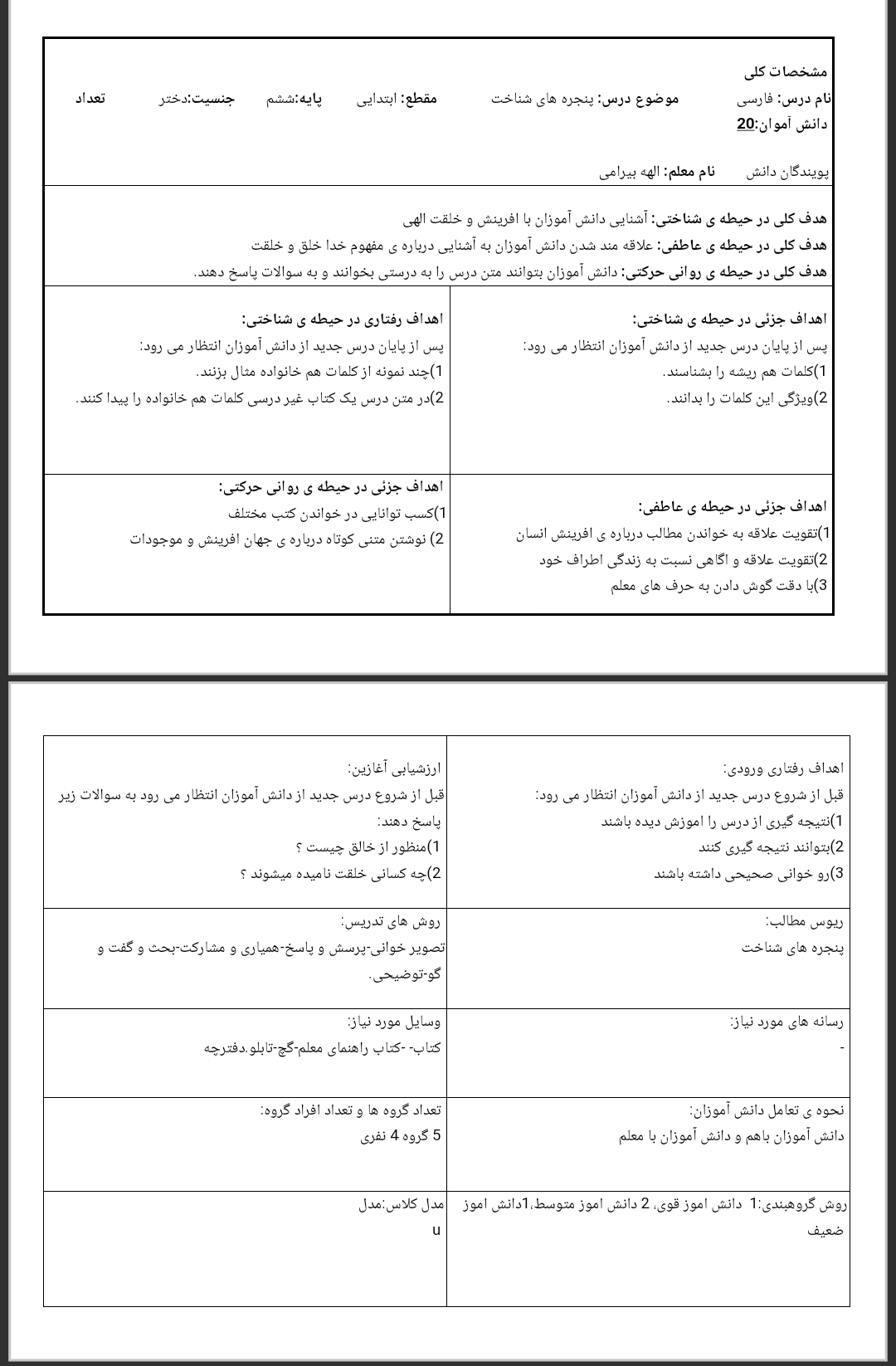 طرح درس روزانه فارسی درس پنجره های شناخت