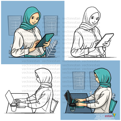دو طرح متفاوت لایه باز قابل ویرایش از کاراکتر زن جوان محجبه در حال کار با لپ تاپ و تبلت