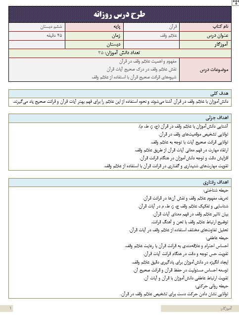 طرح درس روزانه درس اول قرآن پایه ششم دبستان (علائم وقف)