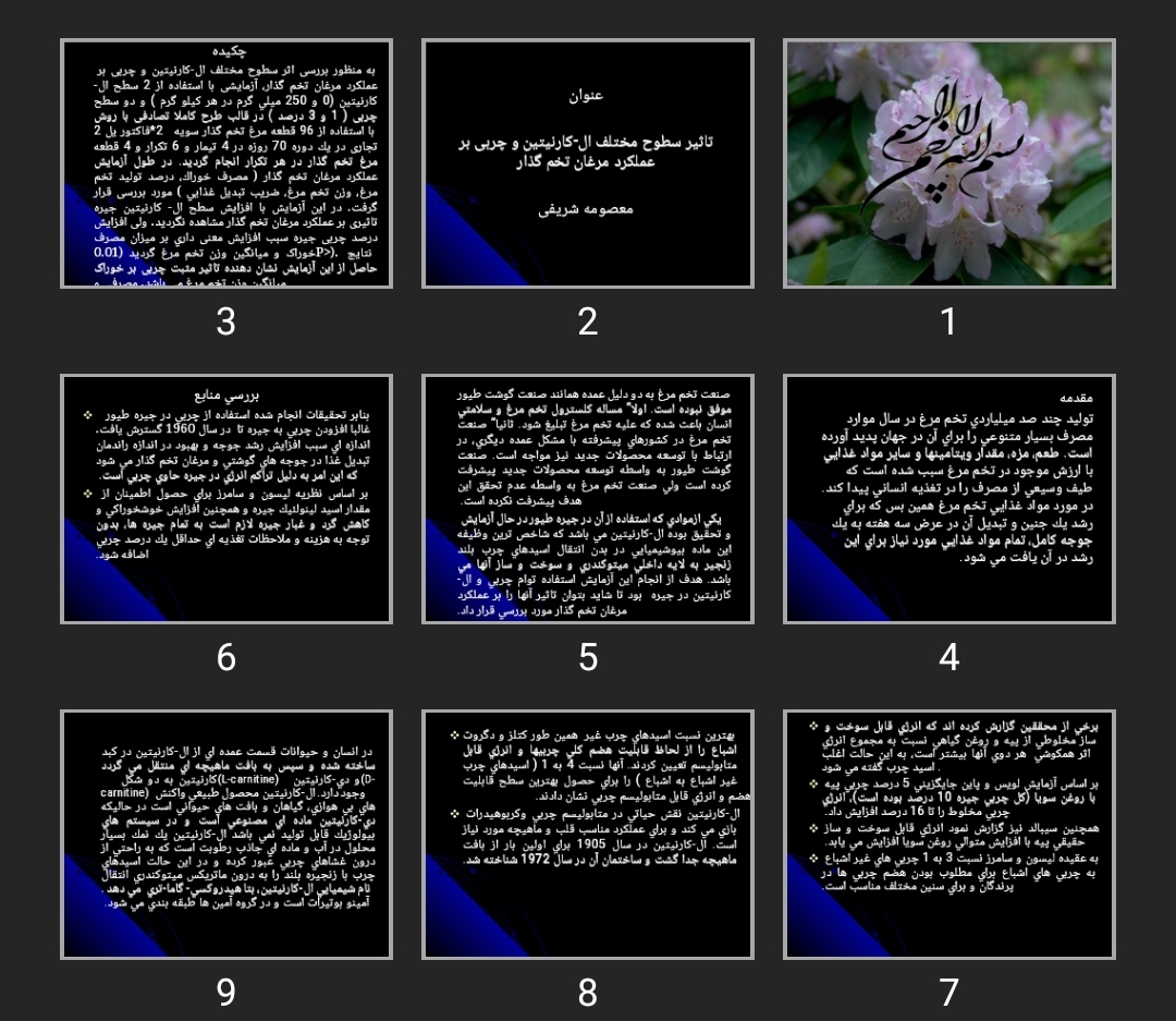 پاورپوینت تاثیر سطوح مختلف ال-كارنيتين و چربی بر عملکرد مرغان تخم گذار