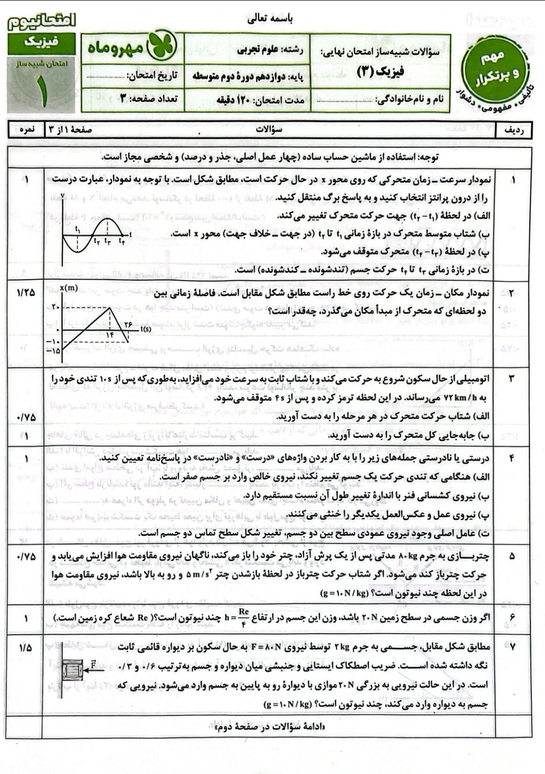 نمونه سوالات نهایی و شبهنهایی فیزیک دوازدهم