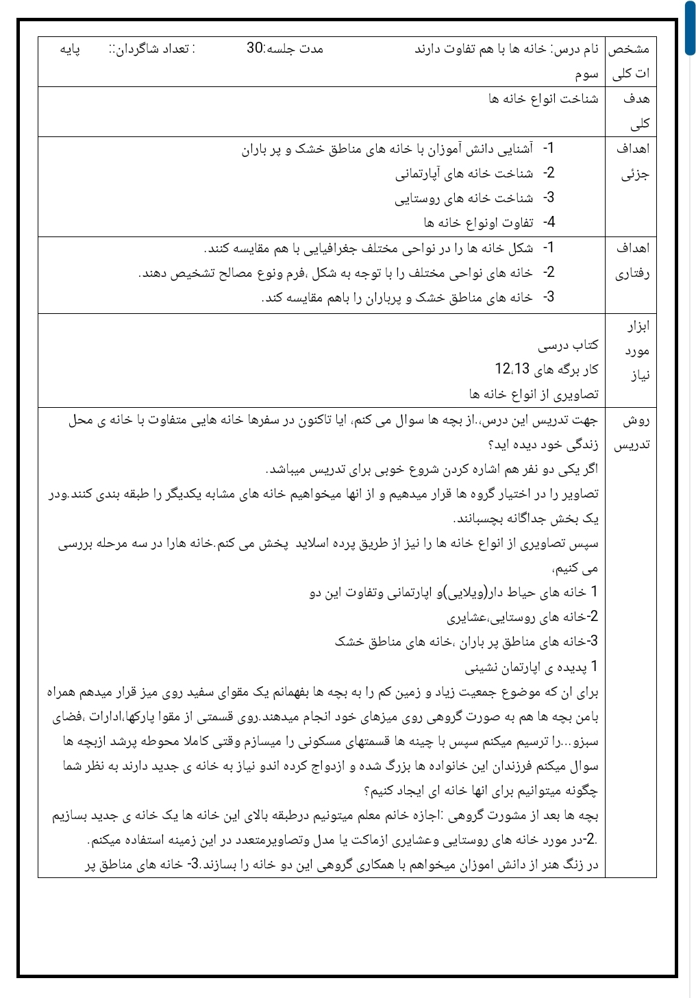 طرح درس روزانه خانه ها با هم تفاوت دارند