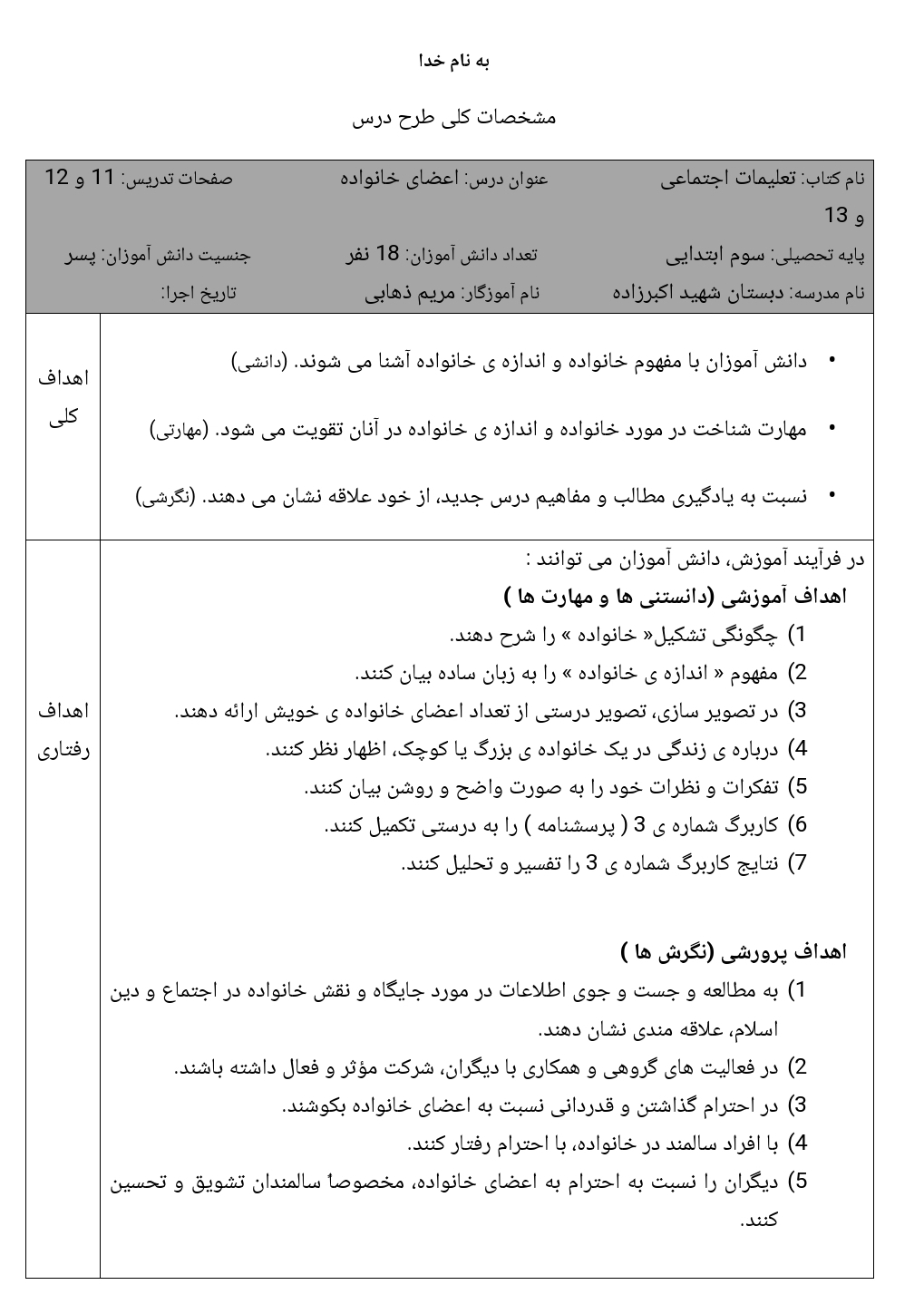 طرح درس اعضای خانواده