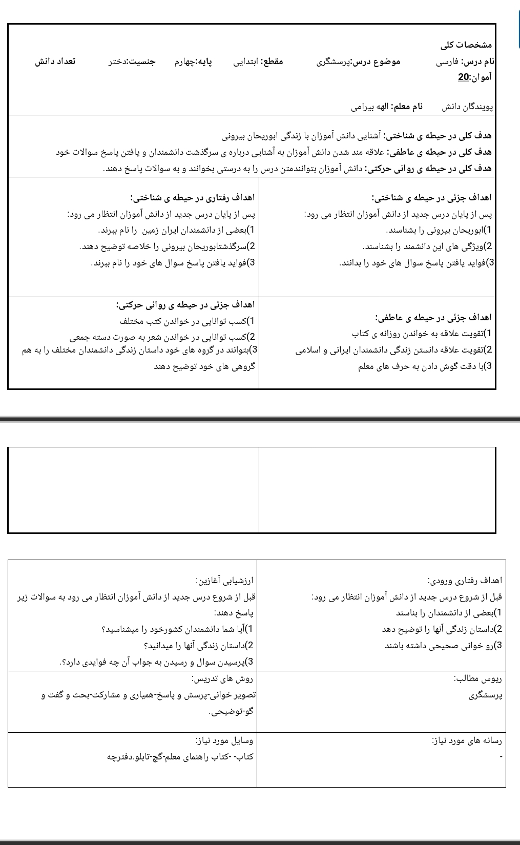 طرح درس روزانه درس پرسشگری فارسی چهارم دبستان