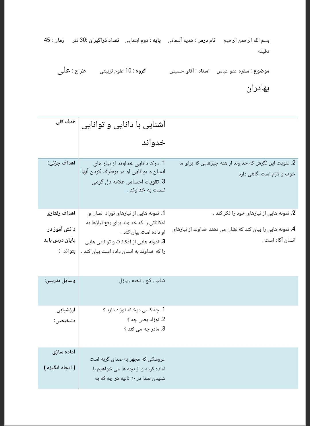 طرح درس روزانه سفره عمو عباس هدیه های آسمانی دوم دبستان