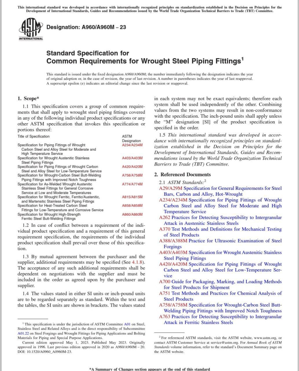 ❣️استاندارد الزامات مشترک فیتنگهای WP❣️  🏆ASTM A960 2023☄️  🔰Standard Specification for Common Requirements for Wrought Steel Piping Fittings