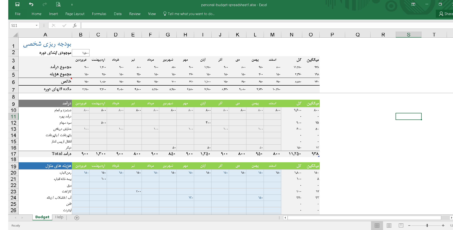 فایل اکسل بودجه ریزی شخصی سالیانه