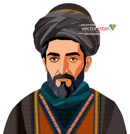 وکتور مرد حکیم جوان ایرانی با عمامه و عبا لباس قدیمی و سنتی