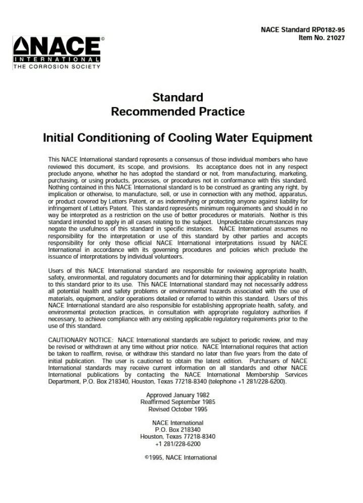 ♦️برای اولین بار  🌺NACE RP 0182  🌻Initial Conditioning of Cooling Water Equipment