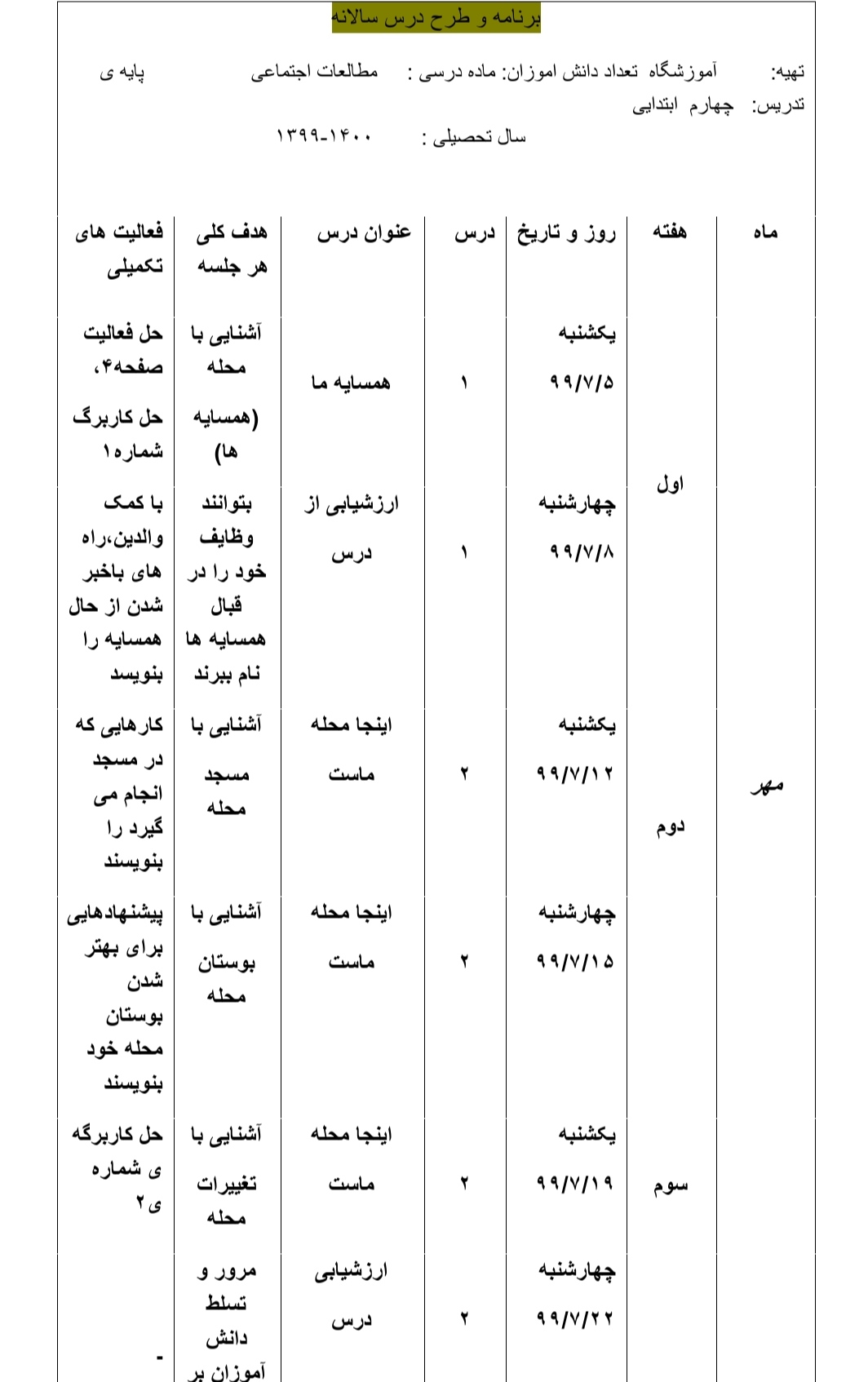 طرح درس سالانه مطالعات اجتماعی چهارم ابتدایی فایل ورد قابل ویرایش
