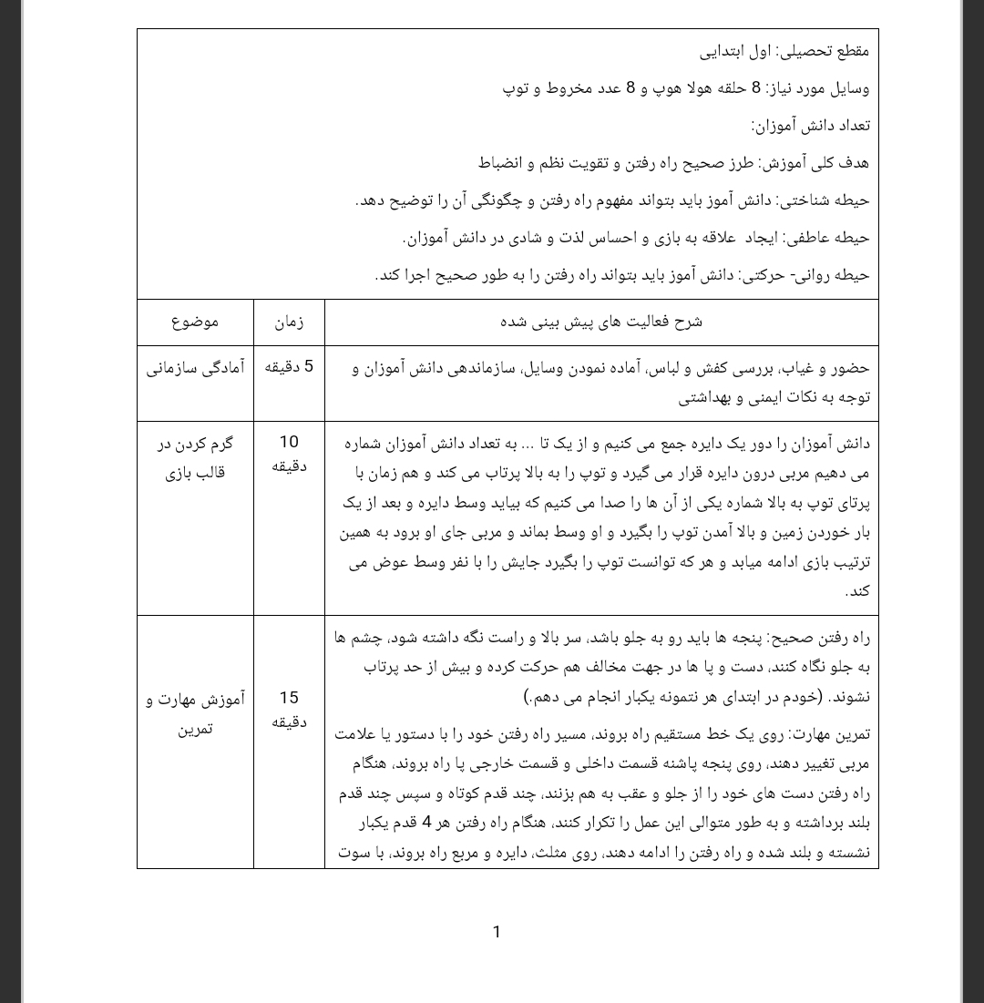 طرح درس روزانه ورزش اول دبستان