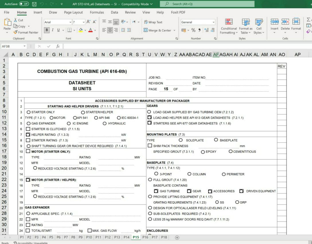 دانلود فایل اکسل دیتاشیت توربین‌های گازی  ویرایش  2022 🌺فایل سیستم متریک  💥API 616 2022  Gas Turbines for the Petroleum, Chemical, and Gas Industry Services Datasheets