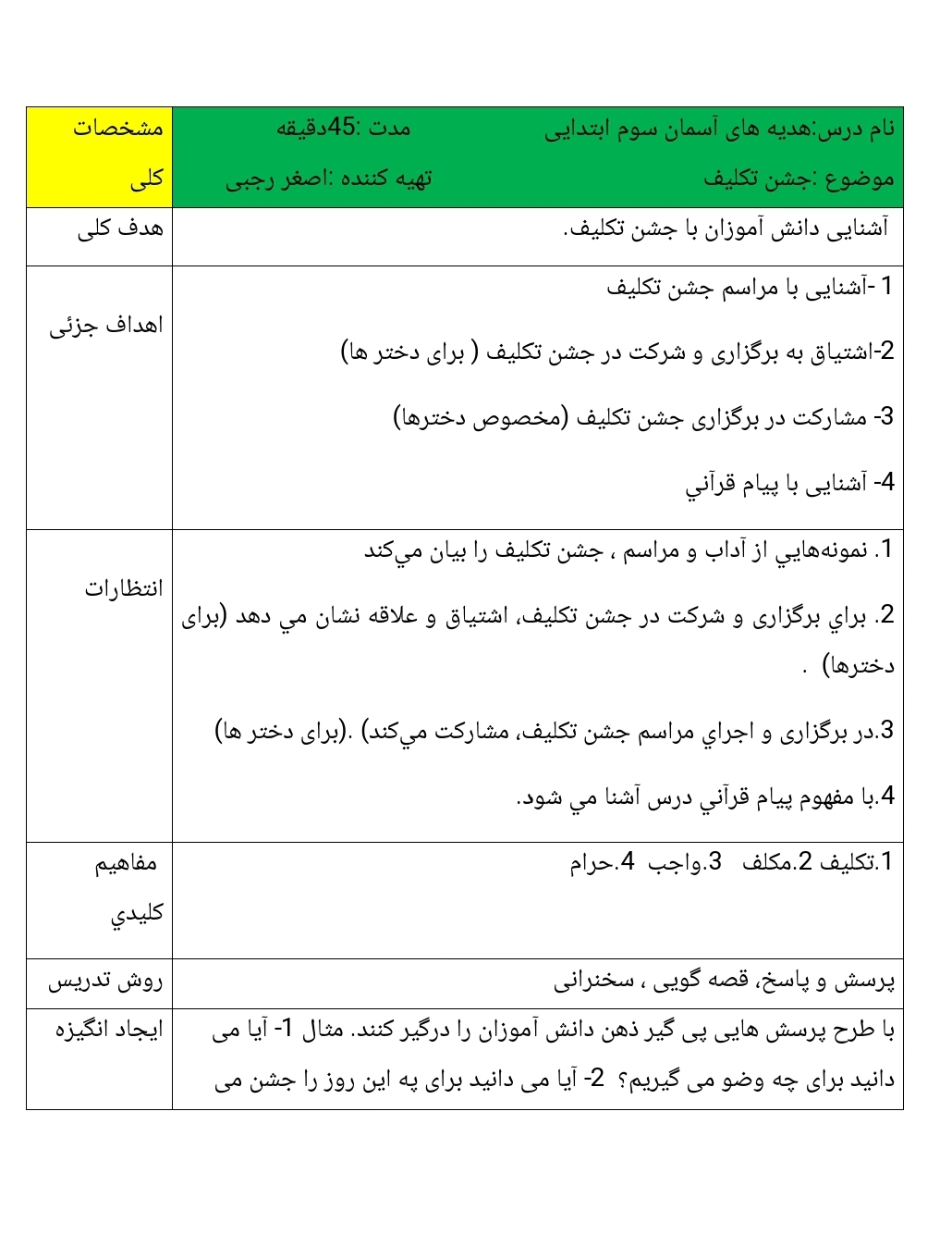 طرح درس جشن تکلیف