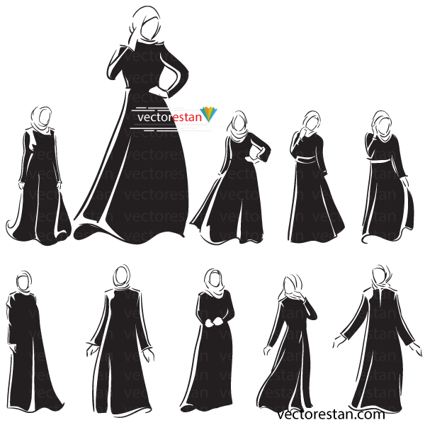 مجموعه وکتور 10 (ده) لوگو حجاب زن طرح سیاه و سفید با پوشش مانتو روسری