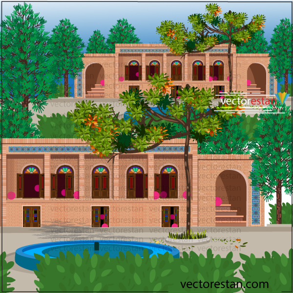 وکتور پس زمینه حیاط و خانه قدیمی ایرانی