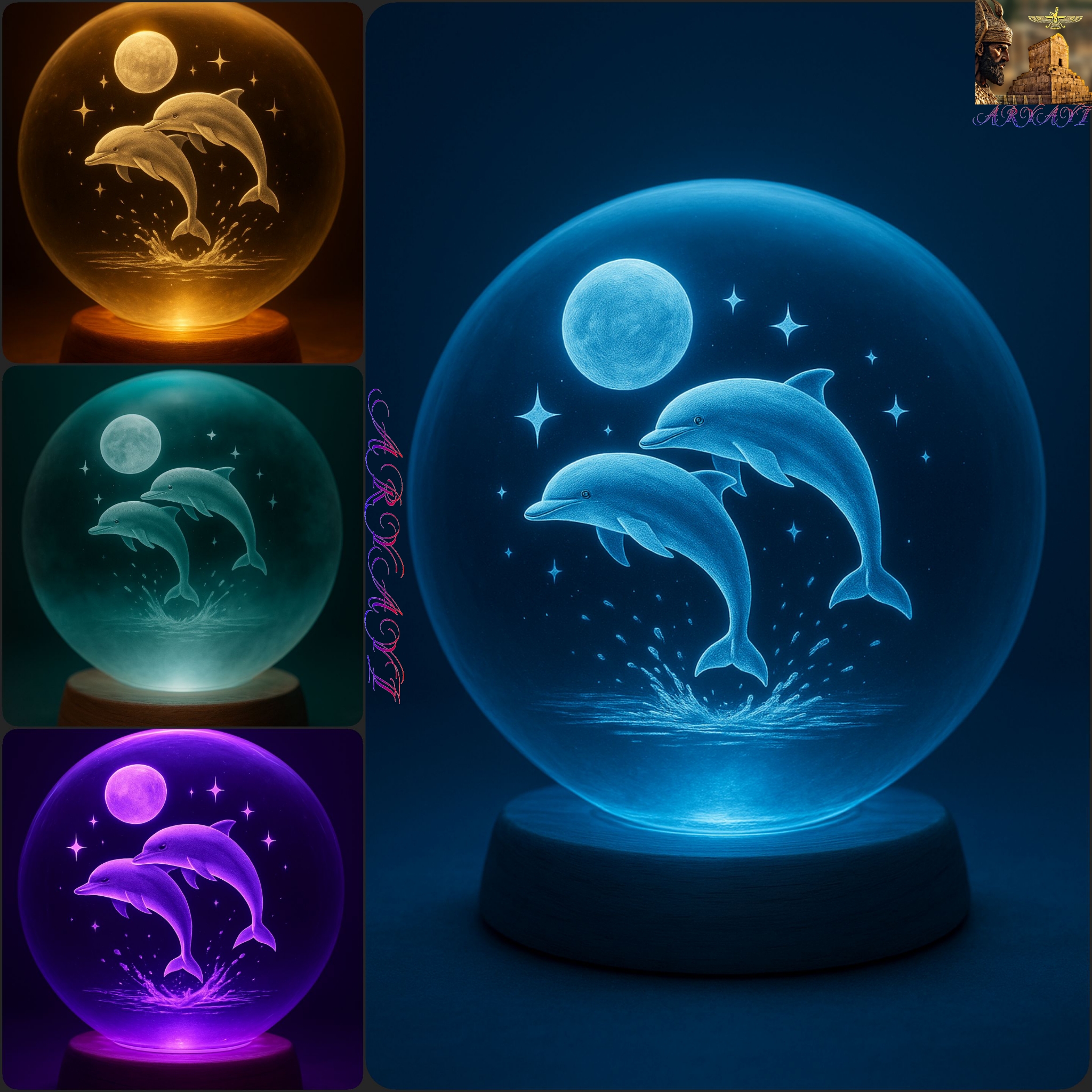 پک ۴تایی وکتور رئال گوی شیشه ای با طرح دلفین و ماه | با جلوه های نوری خاص