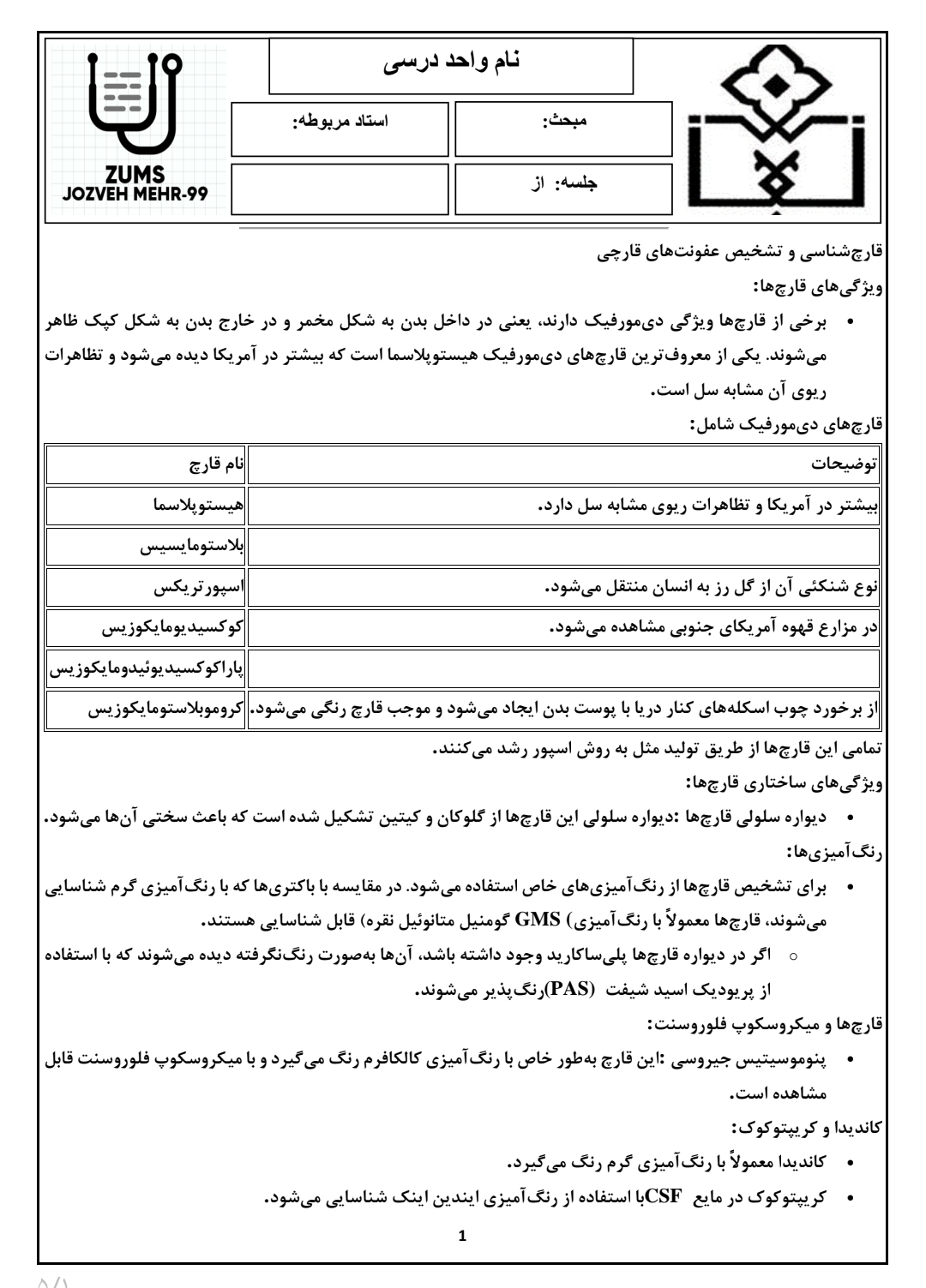 جزوه قارچ شناسی و تشخیص عفونت قارچی