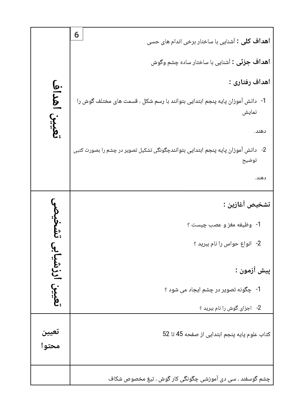 طرح درس اندام حسی