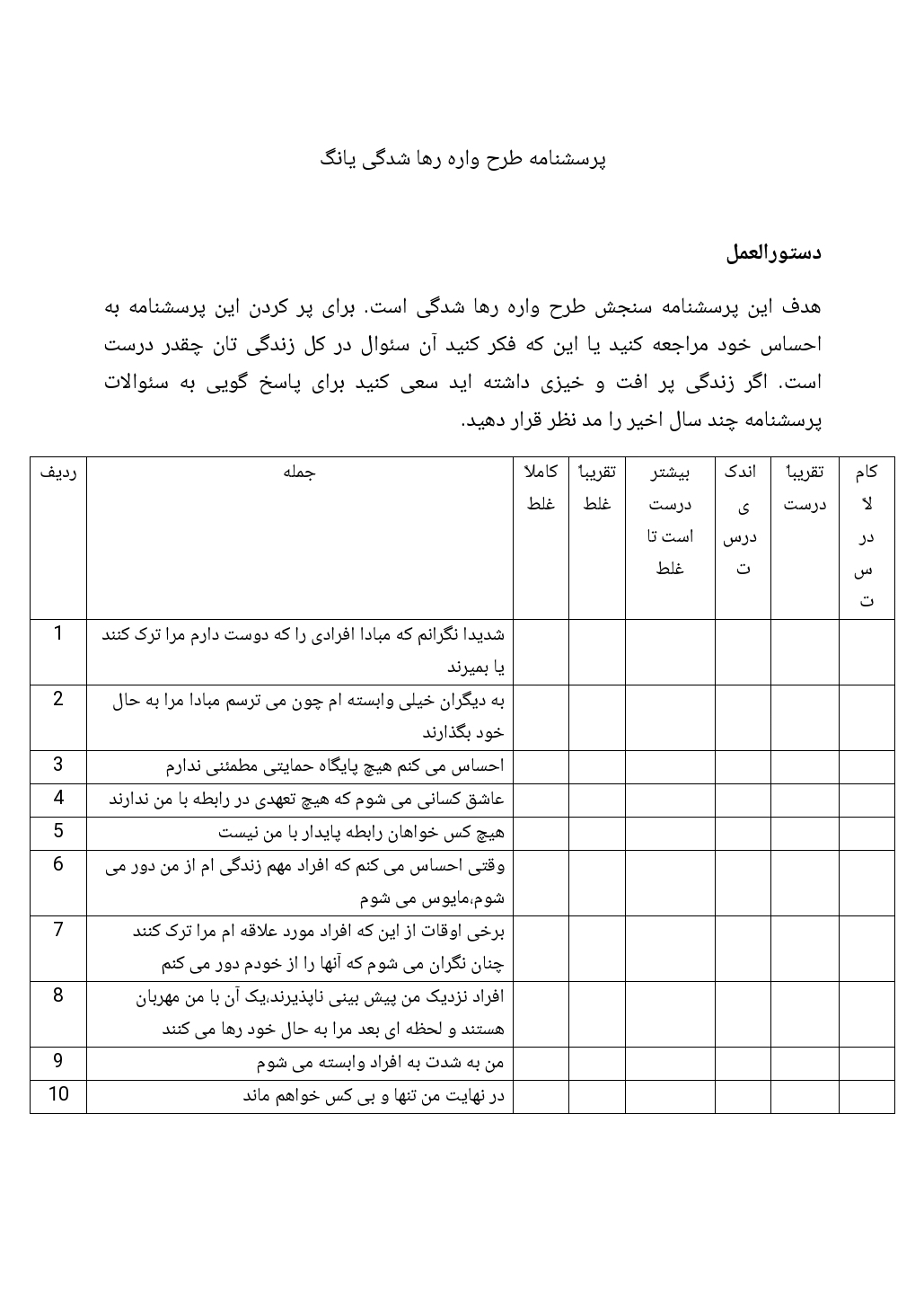 پرسشنامه طرح واره رها شدگی یانگ