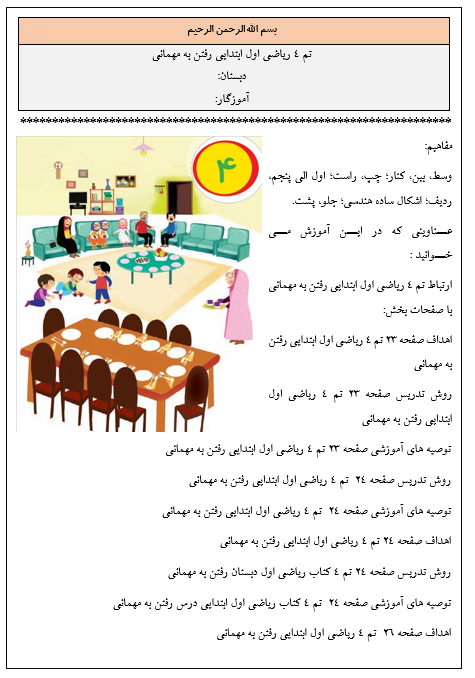 روش تدریس تم ۴ ریاضی اول ابتدایی رفتن به مهمانی