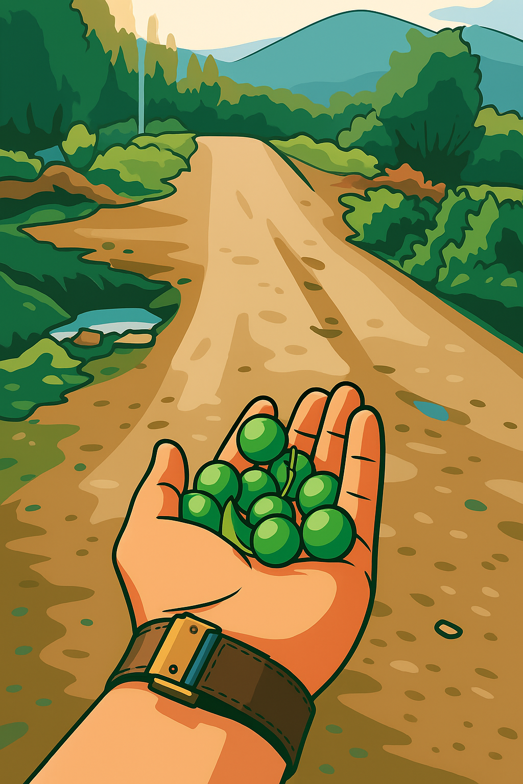Hand holding green fruits on a country road - Vector illustration