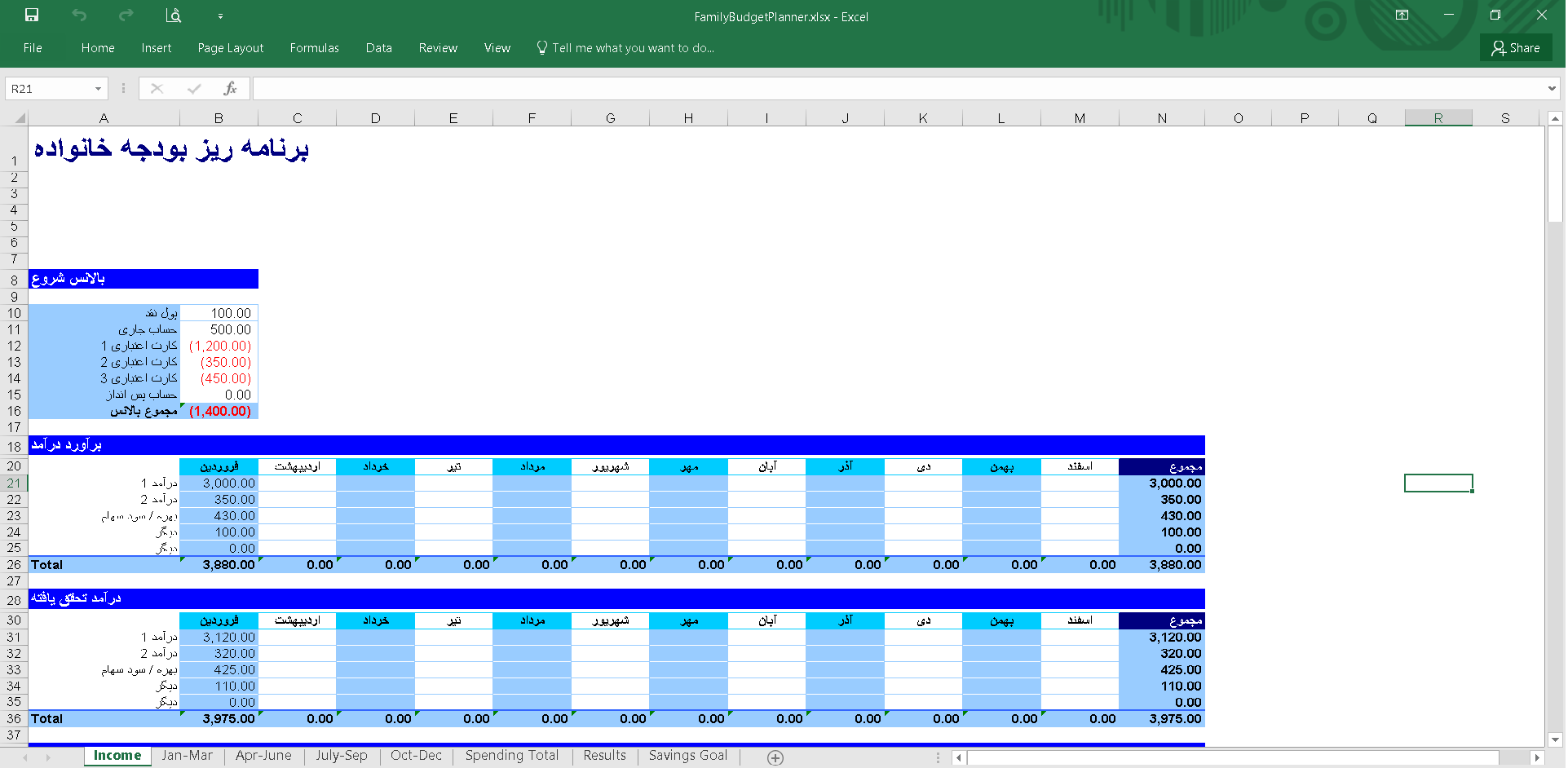 فایل اکسل برنامه ریزی بودجه خانواده