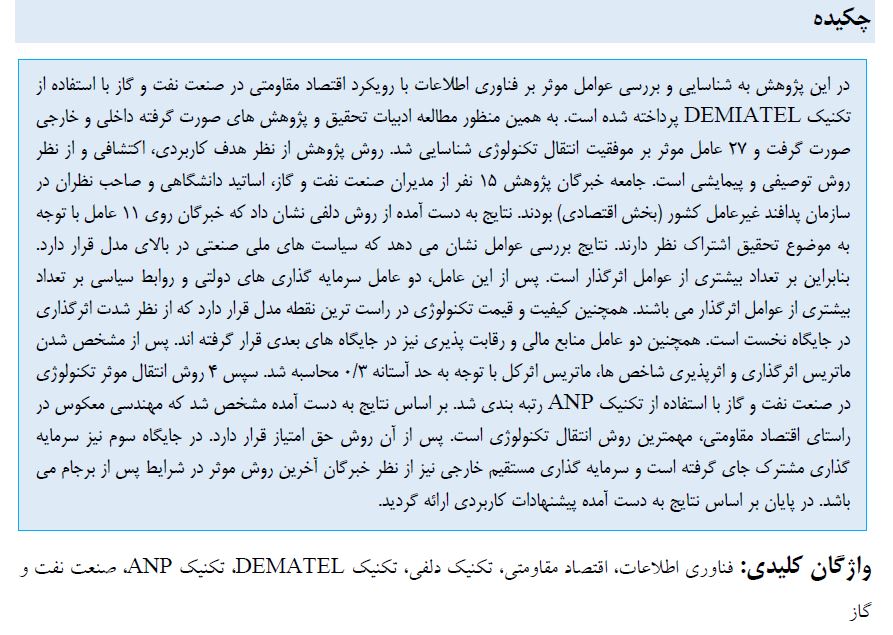مقاله شناسایی عوامل موثر بر فناوری اطلاعات با رویکرد اقتصاد مقاومتی در صنعت نفت و گاز
