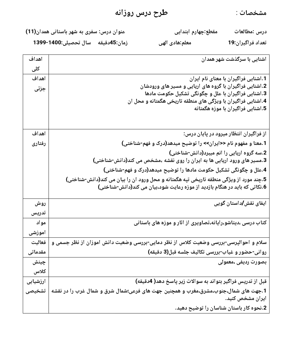 طرح درس روزانه سفری به شهر باستانی همدان