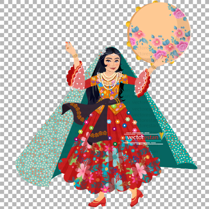 طرح png زن ایرانی دف نواز با پوشش سنتی و چادر رنگی