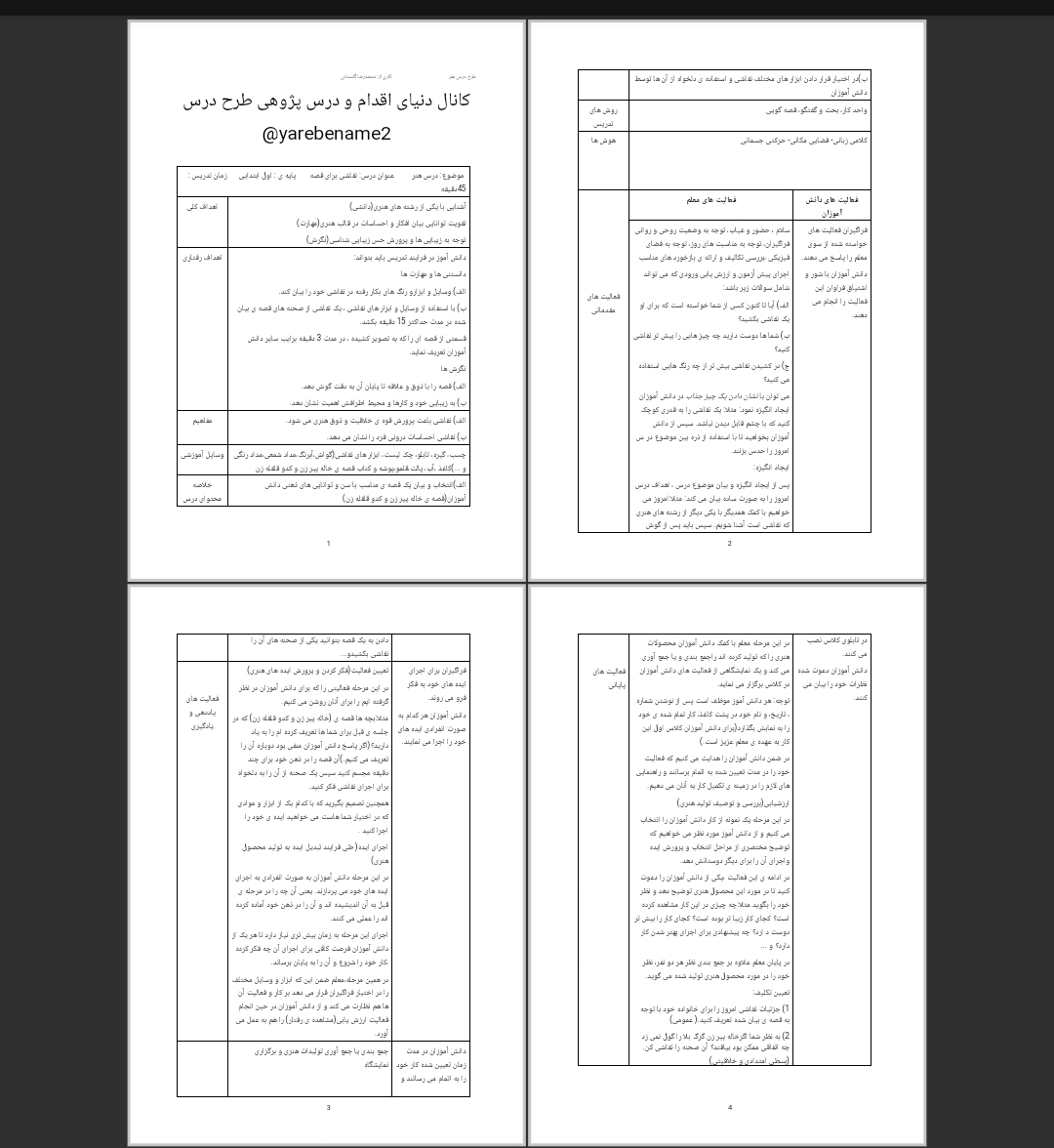 طرح درس روزانه نقاشی برای قصه هنر اول دبستان