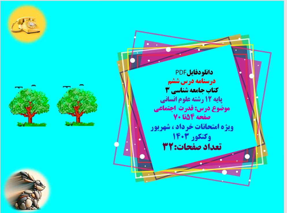 درسنامه درس ششم  کتاب جامعه شناسی ۳   پایه ۱۲ رشته علوم انسانی  موضوع درس: قدرت  اجتماعی  صفحه 54تا 70