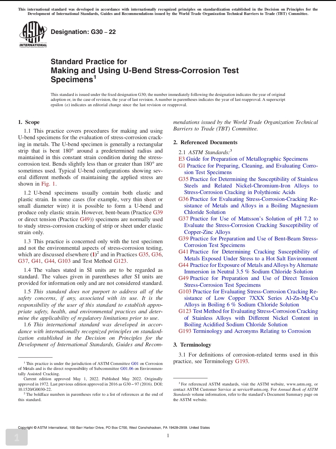 💓G30-22 Standard Practice for Making and Using U-Bend Stress-Corrosion Test Specimens💓