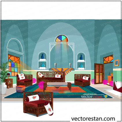 وکتور پس زمینه و نمای داخلی خانه قدیمی و سنتی ایرانی