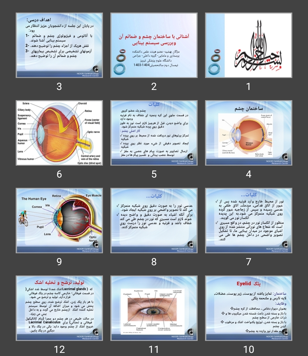 پاورپوینت آشنائی با ساختمان چشم و ضمائم آن و بررسی سیستم بینایی