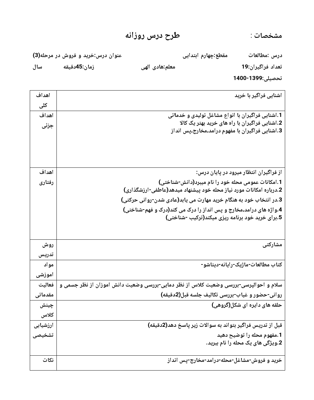 طرح درس روزانه خرید و فروش در محله