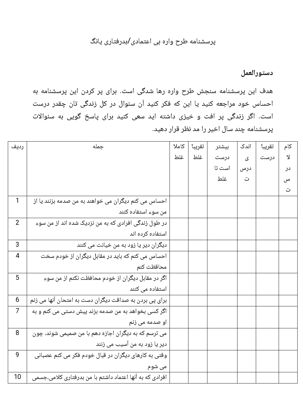 پرسشنامه طرح واره بی اعتمادی/بدرفتاری یانگ