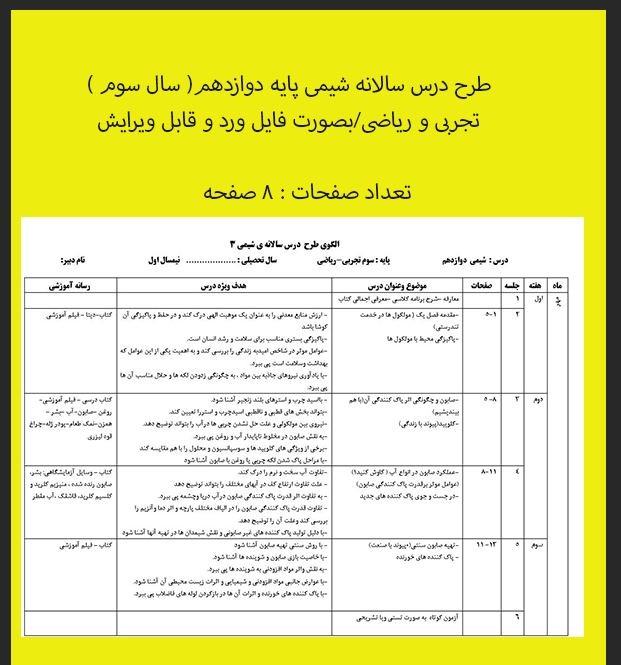 طرح درس سالانه شیمی  پایه دوازدهم( سال سوم )تجربی و ریاضی/word