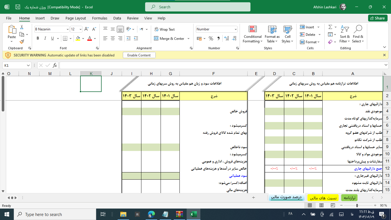 فایل اکسل خام فرمول نویسی شده استخراج و تجزیه و تحلیل نسبت های مالی (1403)