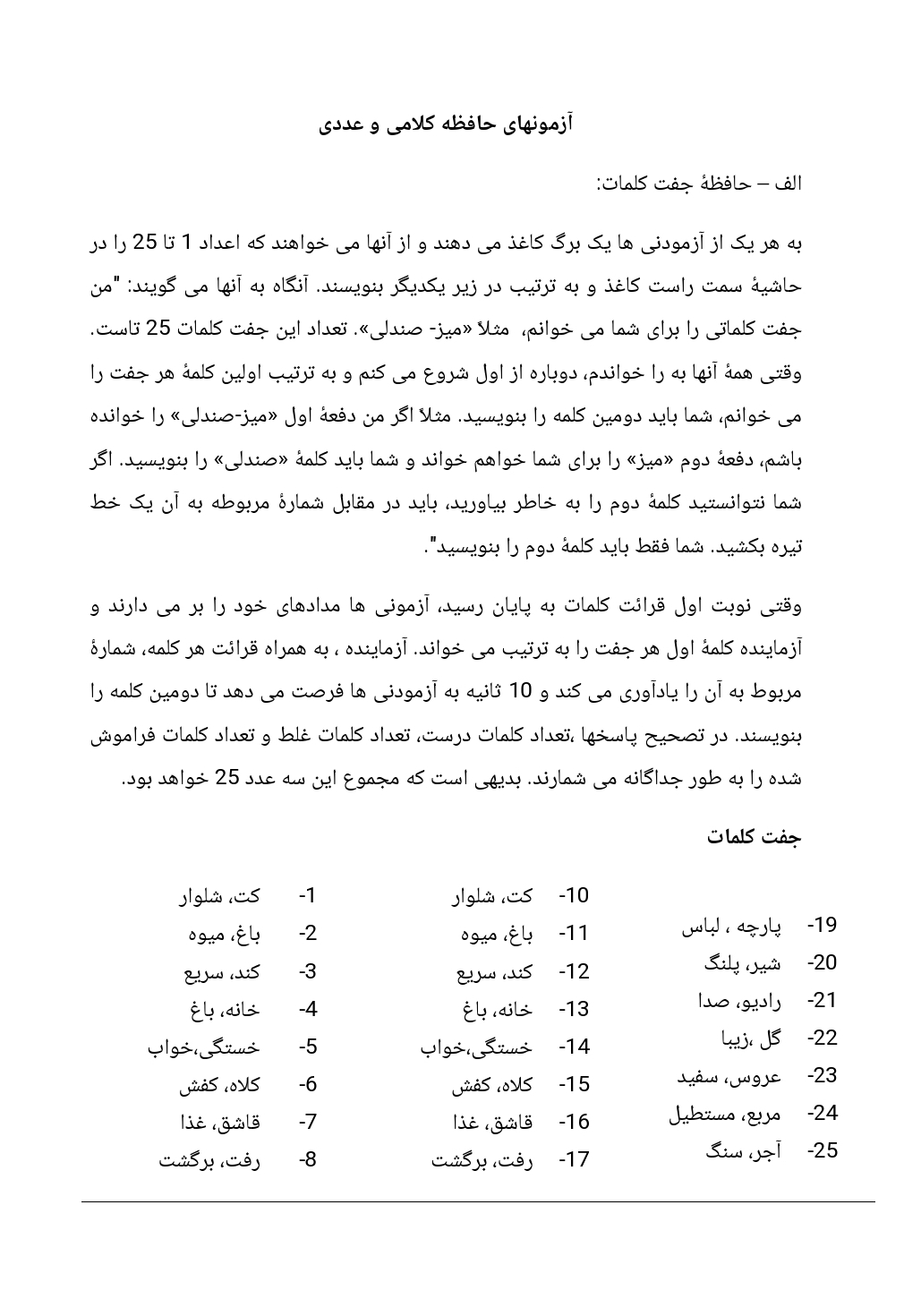 پرسشنامه آزمون های حافظه کلامی و عددی