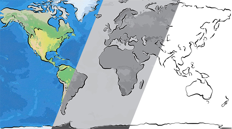 نقشه مینیمال و ساده شده کره زمین در سه لایه: رنگی، سیاه و سفید و خطی