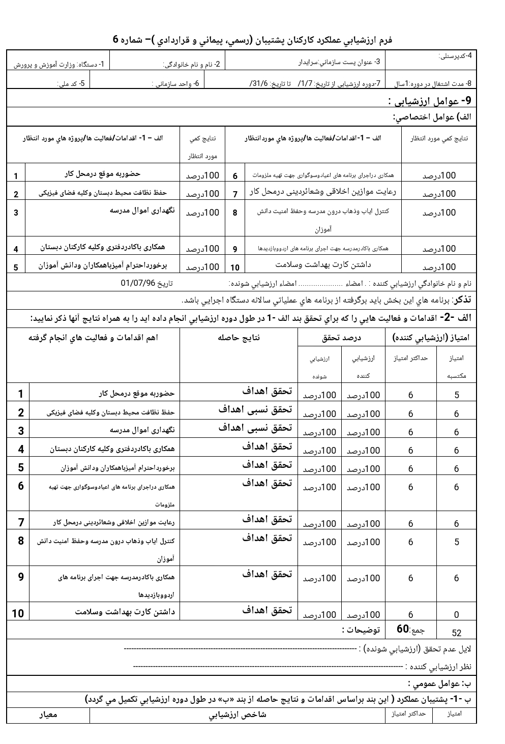 فرم ارزشيابی عملكرد كاركنان پشتيبان (رسمی، پيمانی و قراردادی)