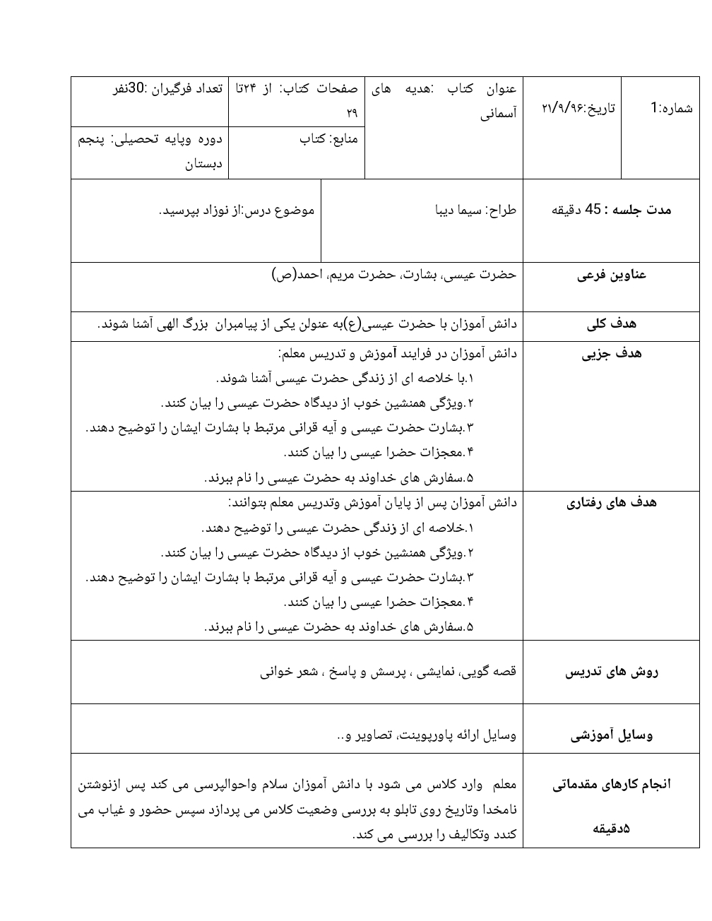 طرح درس روزانه از نوزاد بپرسید