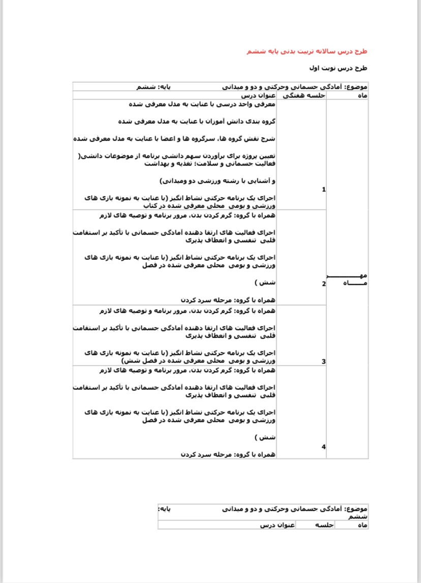 طرح درس سالانه تربيت بدنى پايه ششم