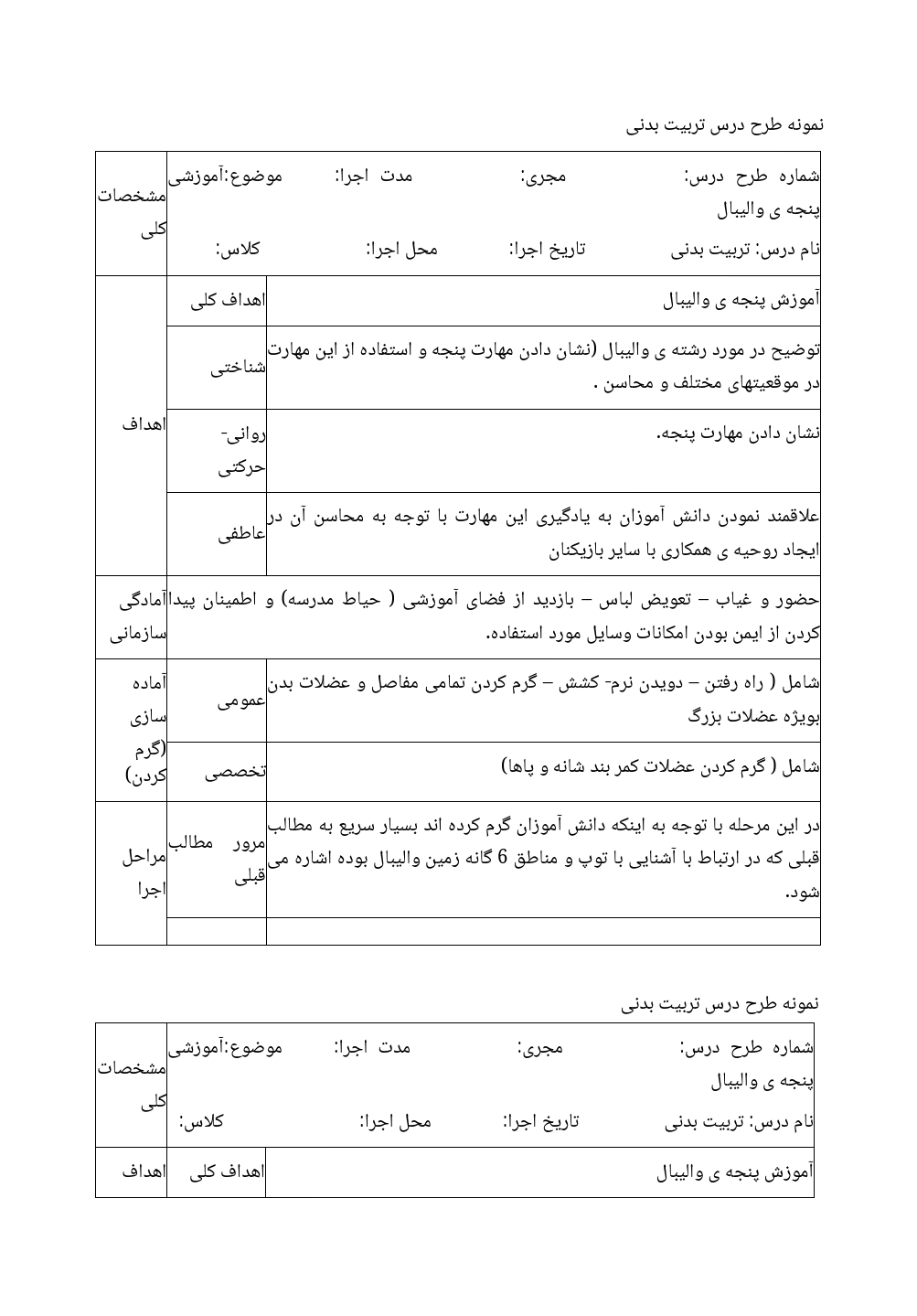 طرح درس تربیت بدنی (پنجه والیبال)