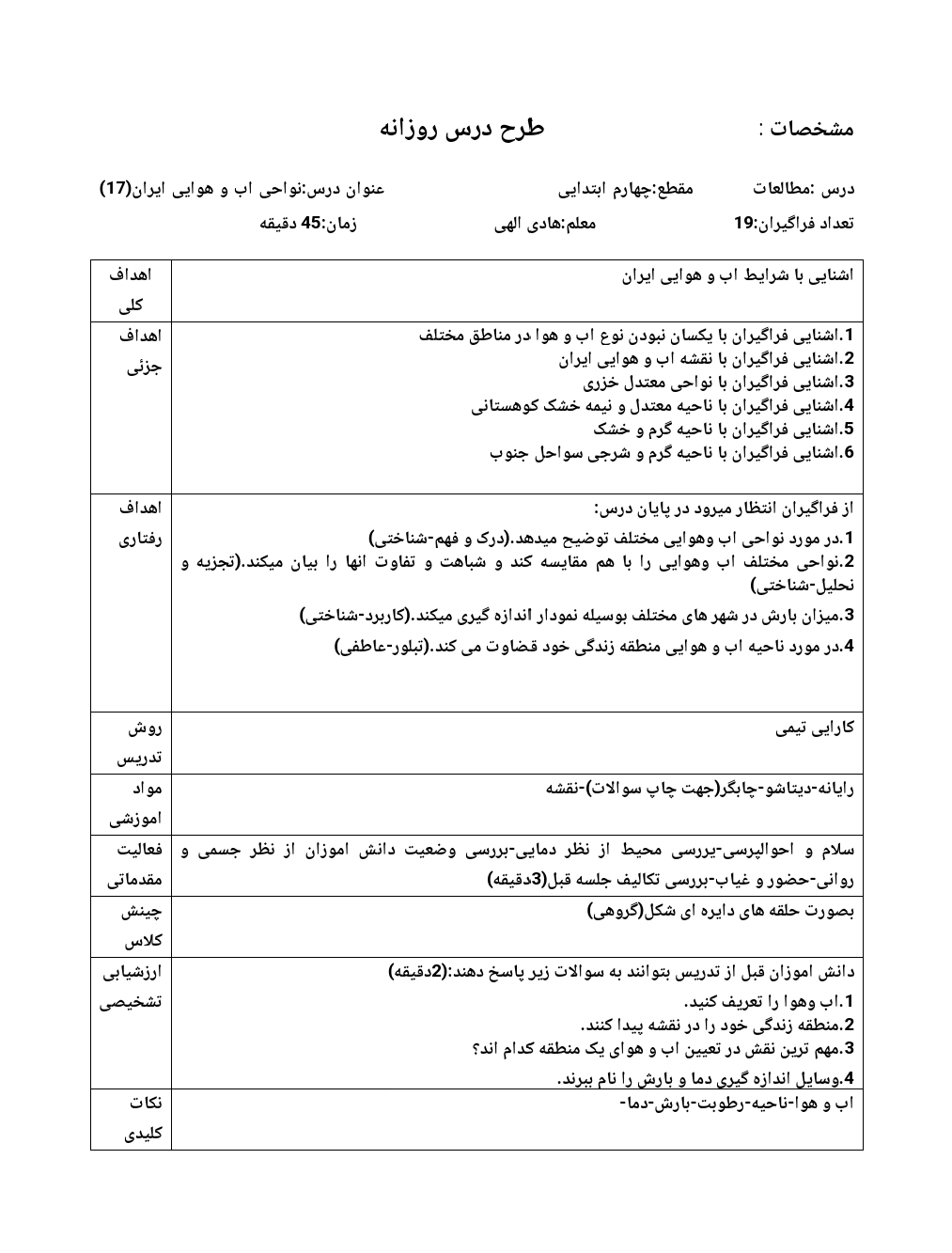 طرح درس روزانه نواحی آب و هوایی ایران