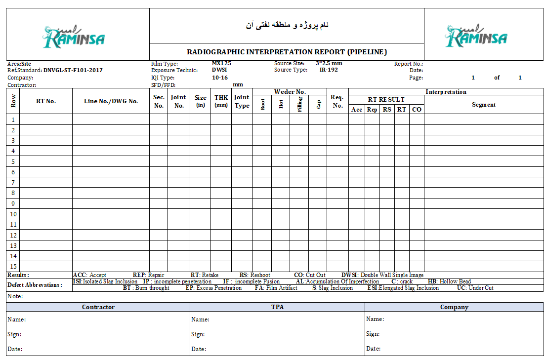 سه عدد فرم خام اولیه QC-WJCS  کاربردی دیتا بیس خط لوله نفت